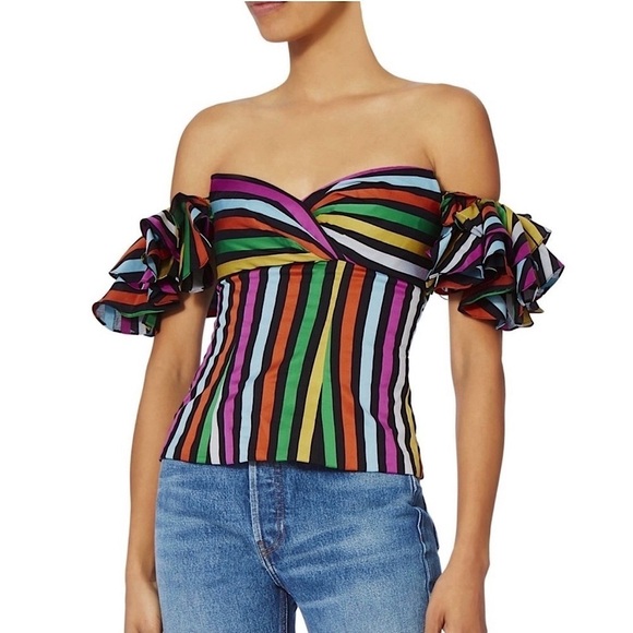 CAROLINE CONSTAS Rainbow Stripe Sweetheart Neck Ruffled Off Shoulder Top XS - Picture 4 of 11